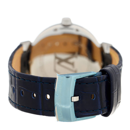 Louis Vuitton LOUIS VUITTON Stainless Steel Alligator Diamond 35mm Tambour Moon Dual Time Quartz Watch Blue 3 of 5