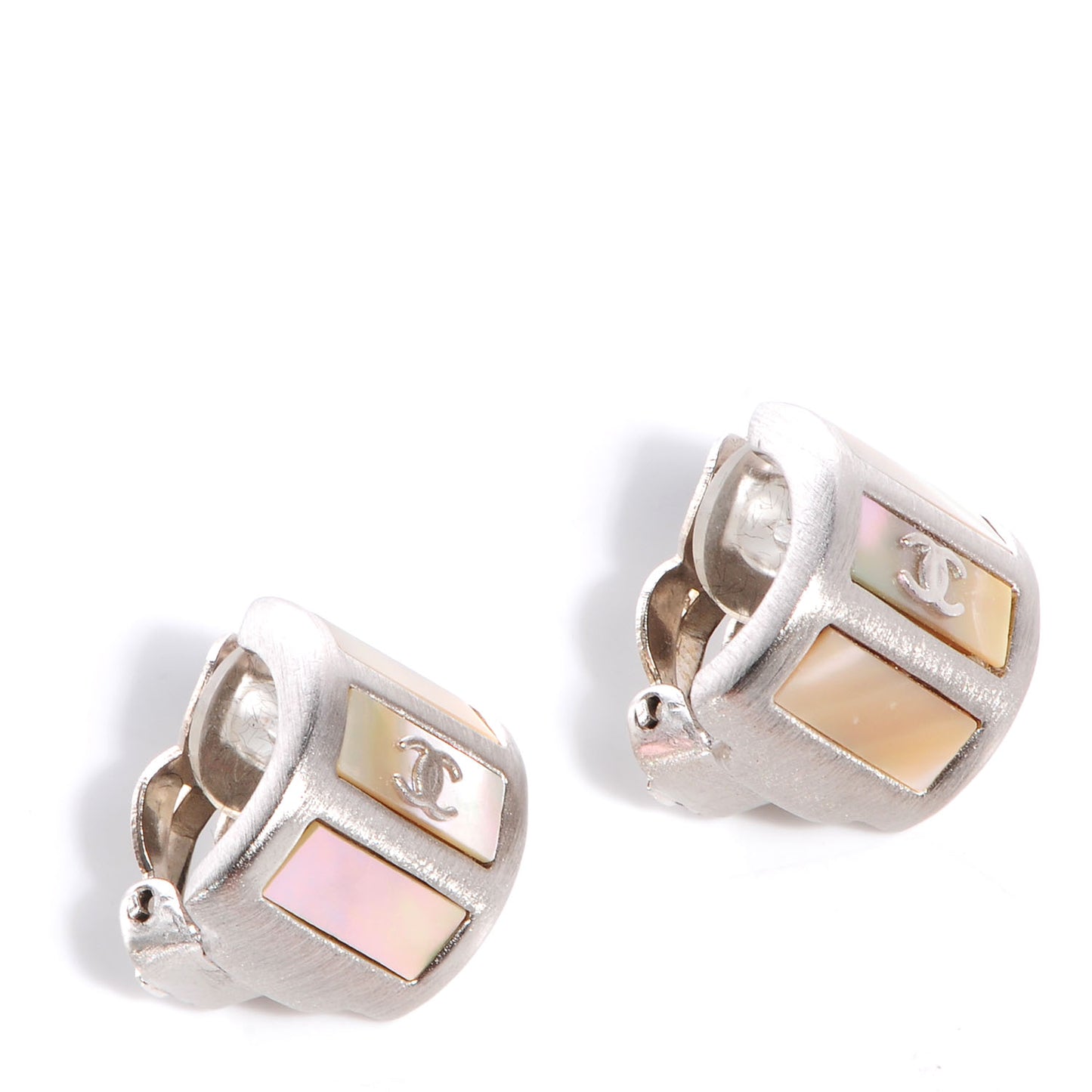 Mother of Pearl CC Half Hoop Earrings Silver
