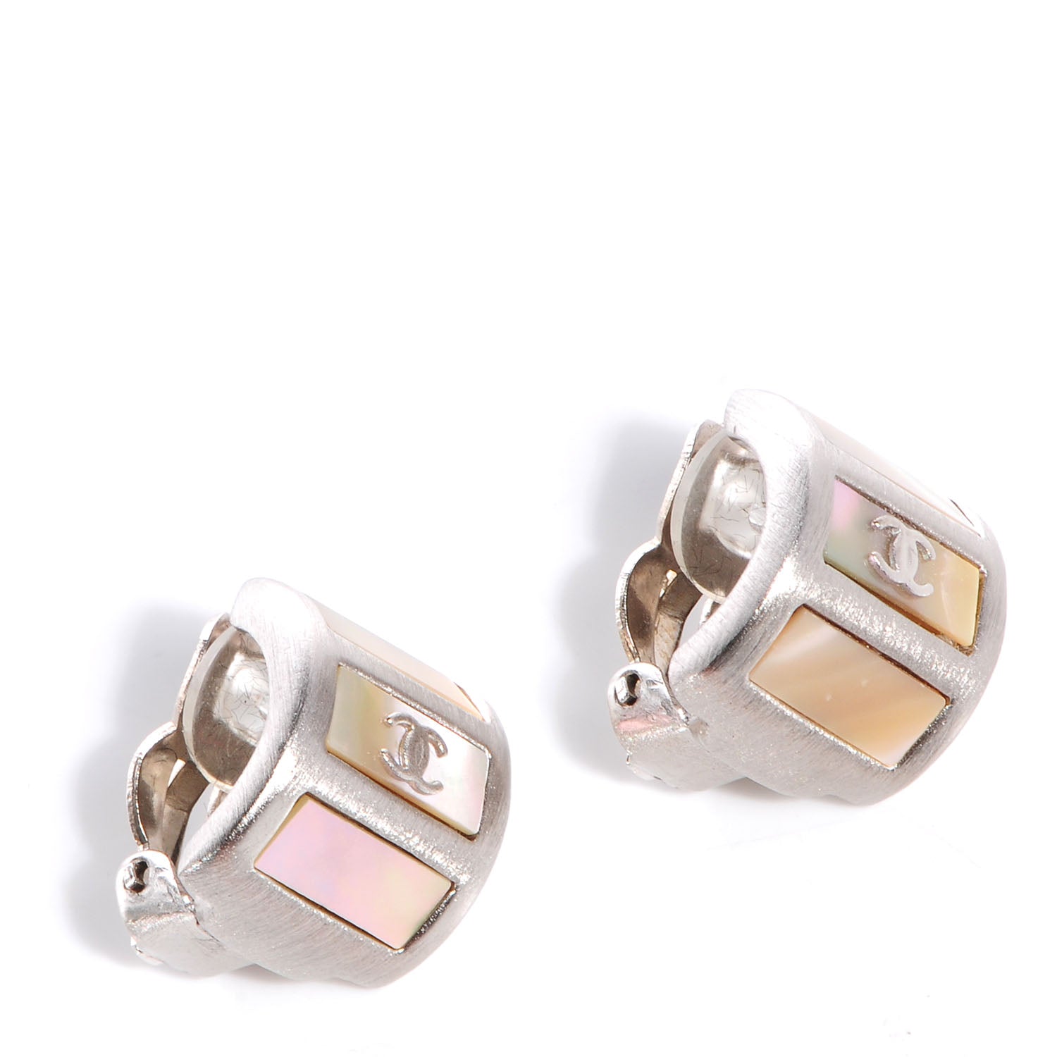 Chanel Mother of Pearl CC Half Hoop Earrings Silver 1 of 6