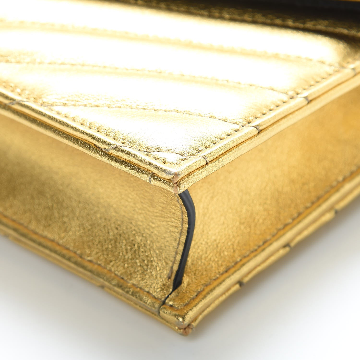 Saint Laurent Metallic Calfskin Matelasse Chevron Monogram Envelope Chain Wallet Gold 10 of 13