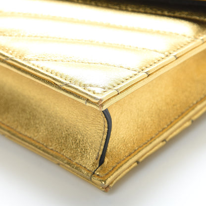 Saint Laurent Metallic Calfskin Matelasse Chevron Monogram Envelope Chain Wallet Gold 10 of 13