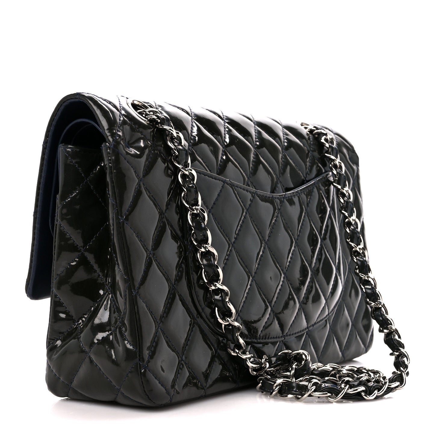 Patent Calfskin Quilted Bi-Color Medium Double Flap Navy Blue Black