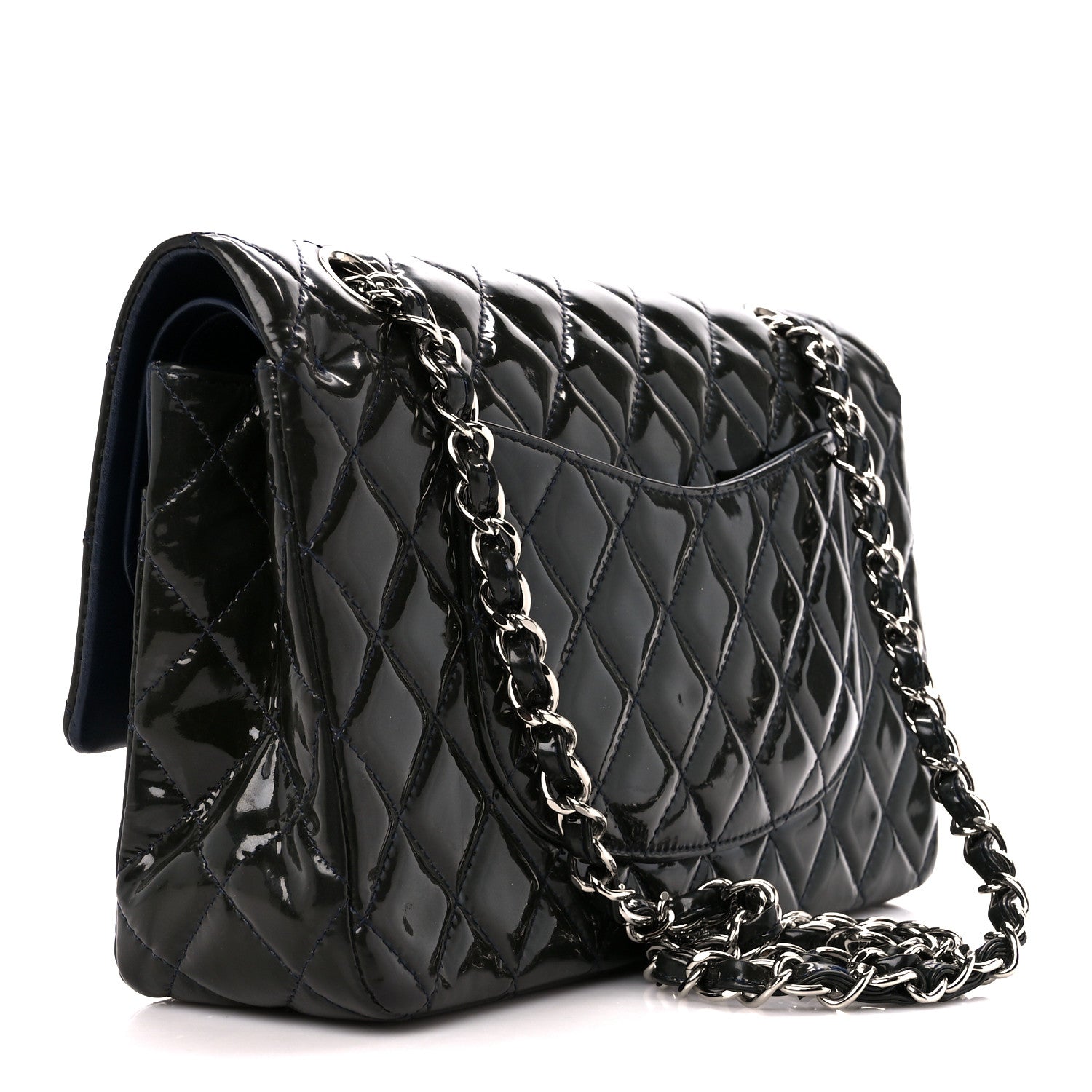 Chanel Patent Calfskin Quilted Bi-Color Medium Double Flap Navy Blue Black 3 of 11
