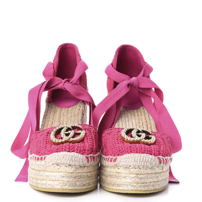 Gucci Cotton Crochet Pearly GG Ankle Wrap Platform Espadrille Wedges 36 Cyclamen Rose 2 of 12