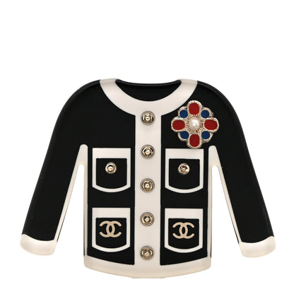 Chanel Resin Pearl Tweed Cardigan CC Brooch Black White 1 of 4