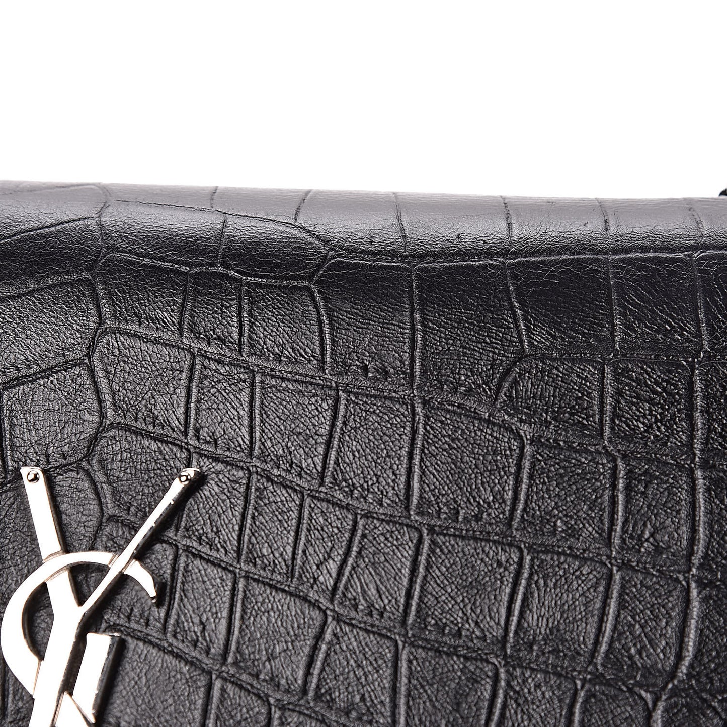 Calfskin Crocodile Embossed Medium Classic Monogram Kate Tassel Satchel Black