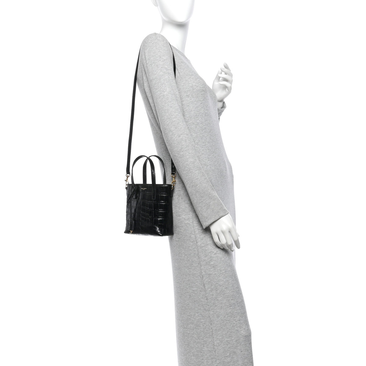 Calfskin Crocodile Embossed Paris Mini Toy Shopper Tote Black