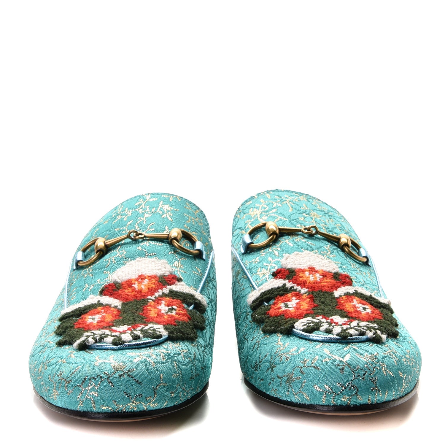 Gucci Lurex Jacquard Nappa Floral Embroidered Womens Princetown Slippers 41 Light Blue Gold Cielo 5 of 8