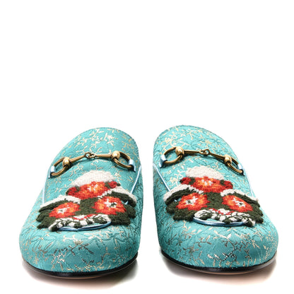 Gucci Lurex Jacquard Nappa Floral Embroidered Womens Princetown Slippers 41 Light Blue Gold Cielo 5 of 8