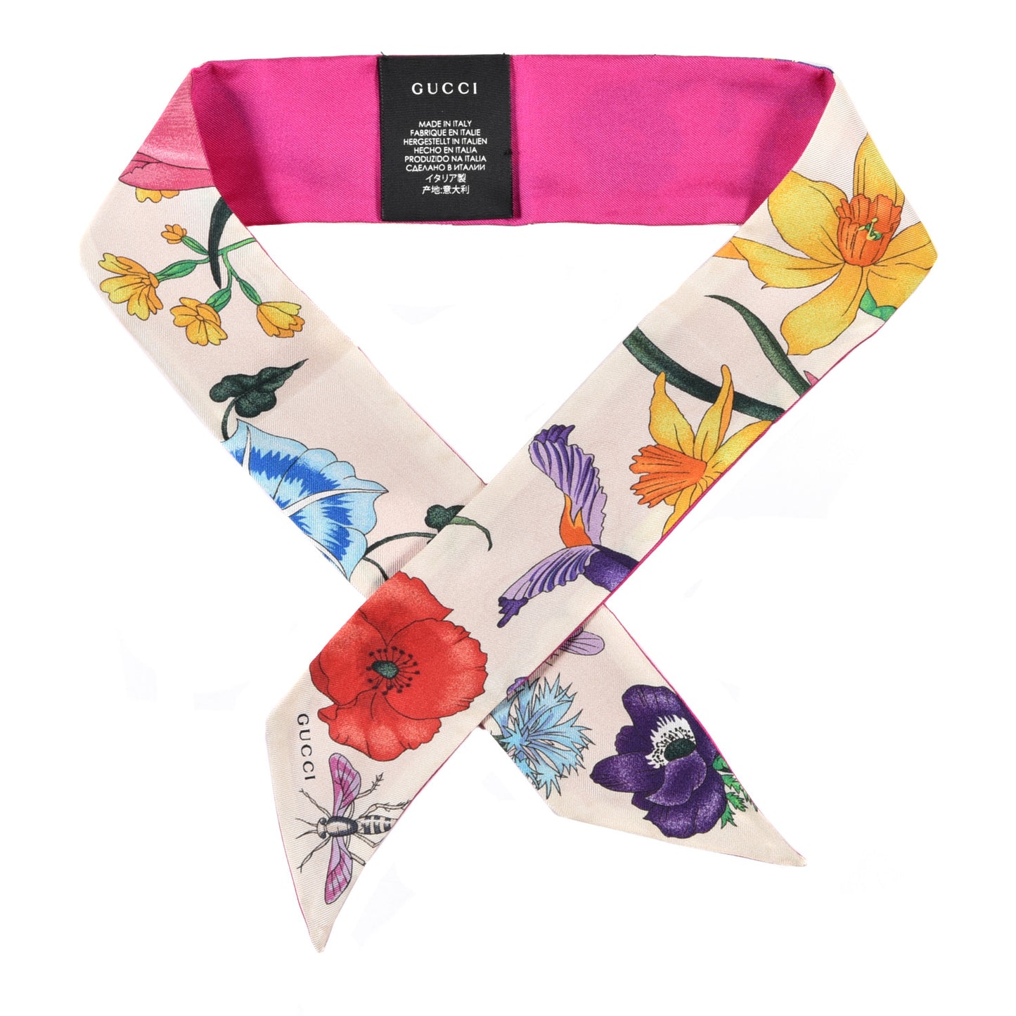 Silk Floral Neck Bow Scarf Ivory Pink