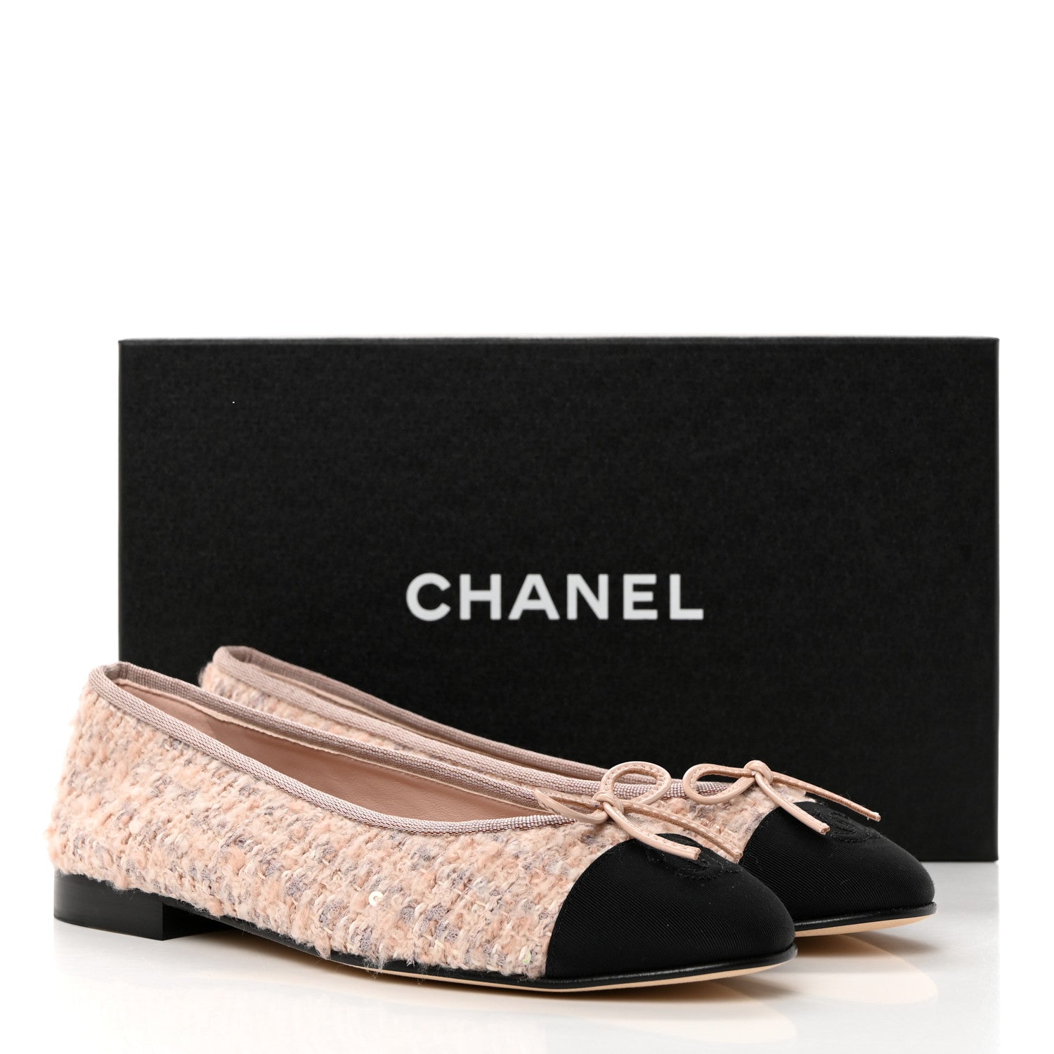 Chanel Glittered Tweed Grosgrain Cap Toe Ballet Flats 38 Pink