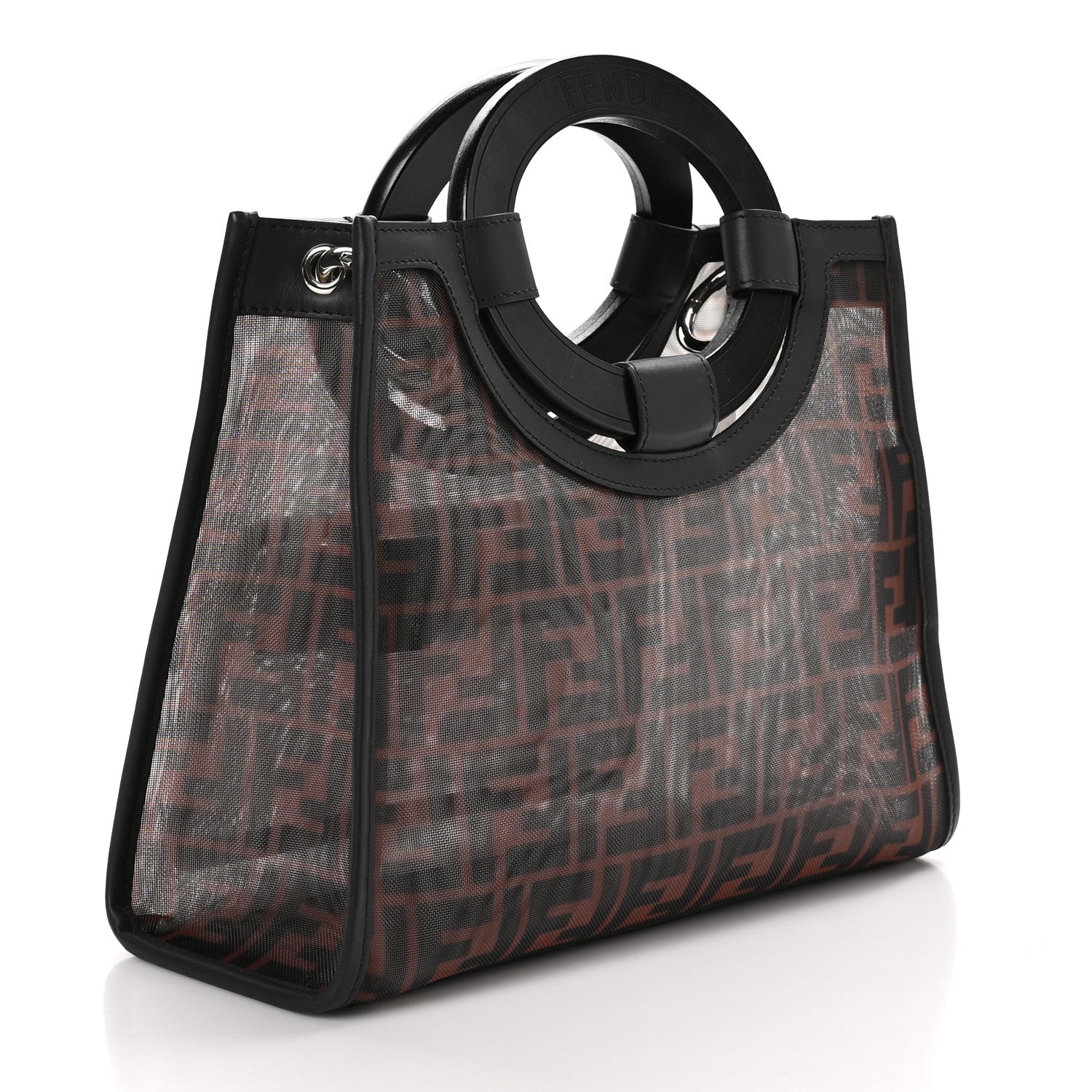 Fendi Mesh Vitello Century Cuoio FF 1974 Small Runaway Shopper Tote Marrone Black Ebano 3 of 10