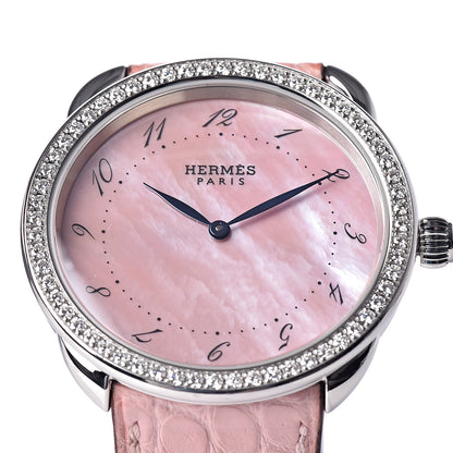 Hermes Stainless Steel Alligator Diamond Bezel Pink Mother of Pearl 38mm Arceau Quartz Watch 12 of 16