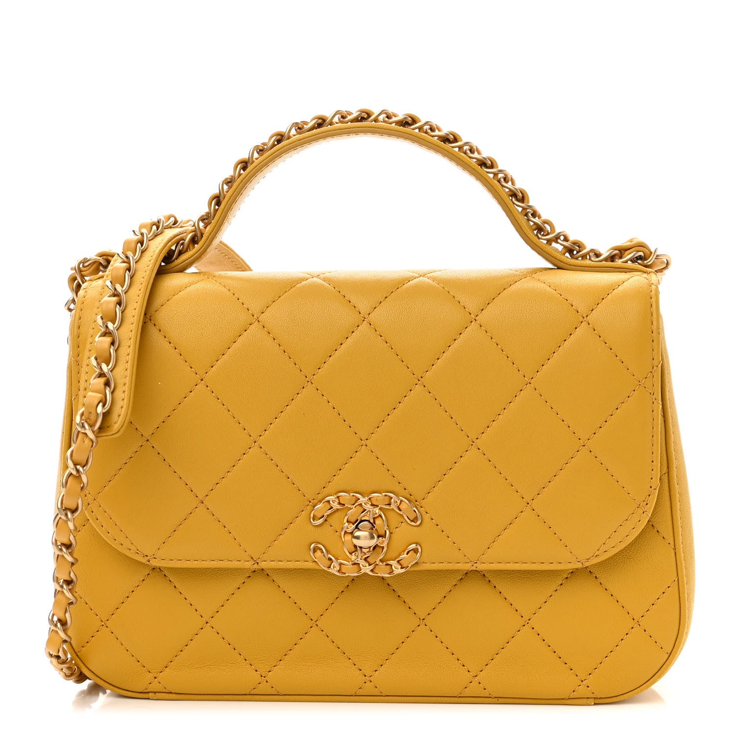 Chanel Lambskin Quilted Chain Infinity Top Handle Flap Yellow 1 of 9