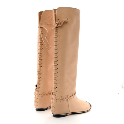 Chanel Lambskin Lace Up Cap Toe High Boots 37 Beige Black 4 of 12