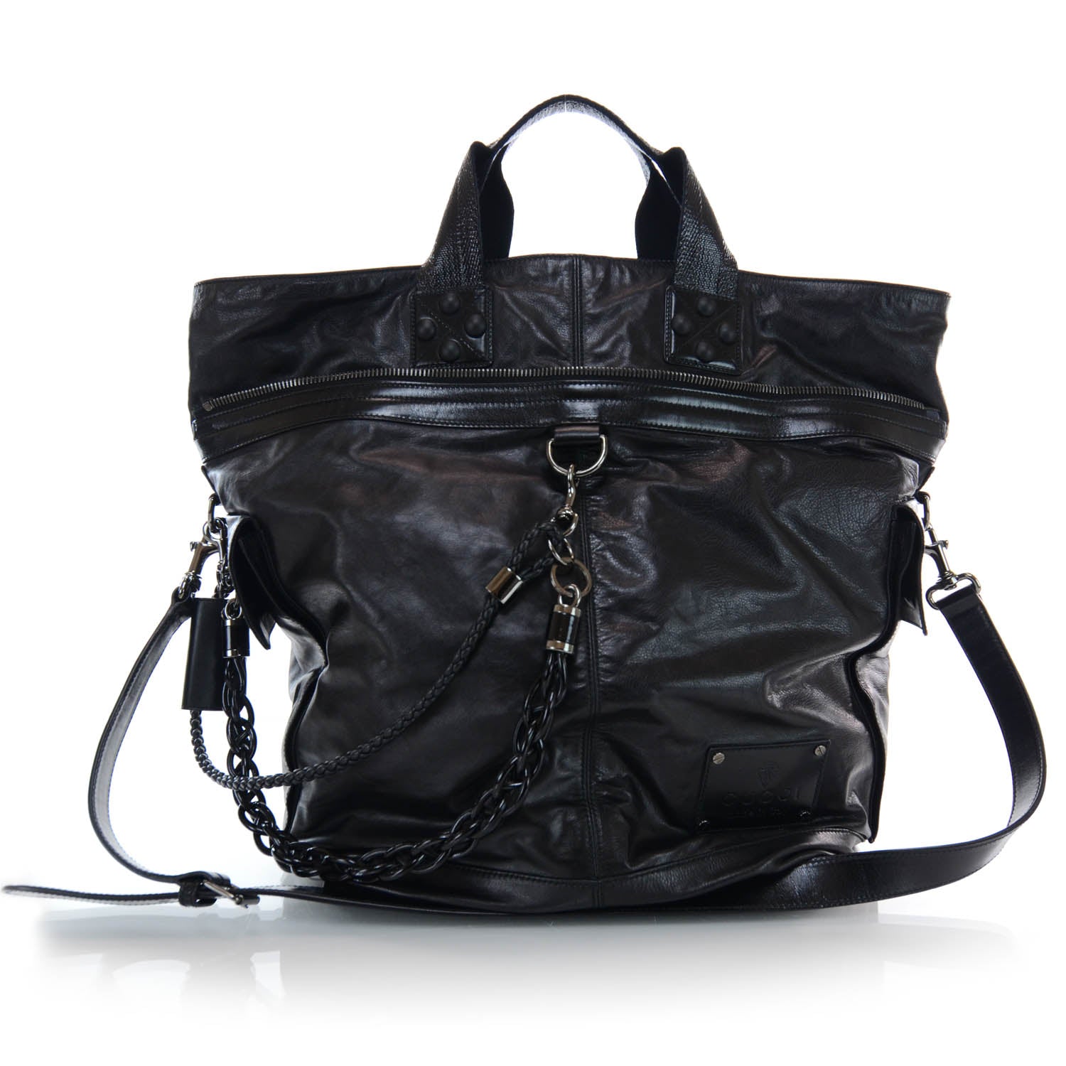 Gucci Mens Leather Large Crest Trademark Tote Black 1 of 8