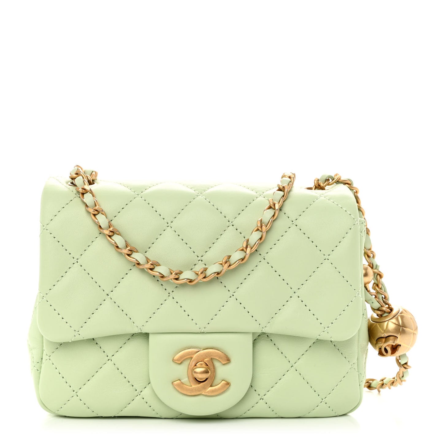 Lambskin Quilted Mini Pearl Crush Flap Light Green