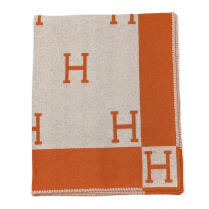 Hermes Wool Cashmere Signature Classic Avalon Blanket Ecru Potiron 1 of 3