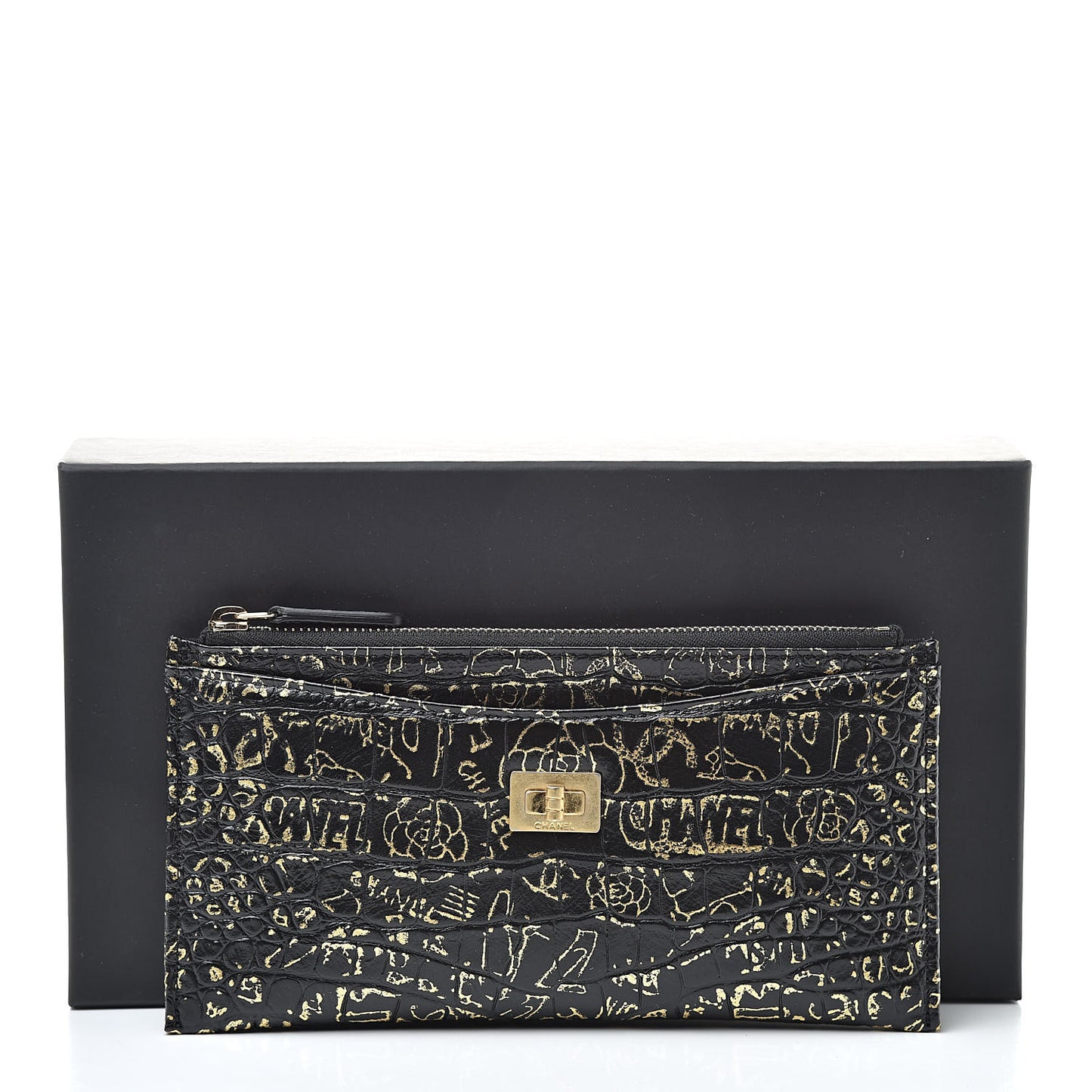 Calfskin Crocodile Embossed Graffiti 2.55 Cocodile Reissue Zip Pouch Black Gold