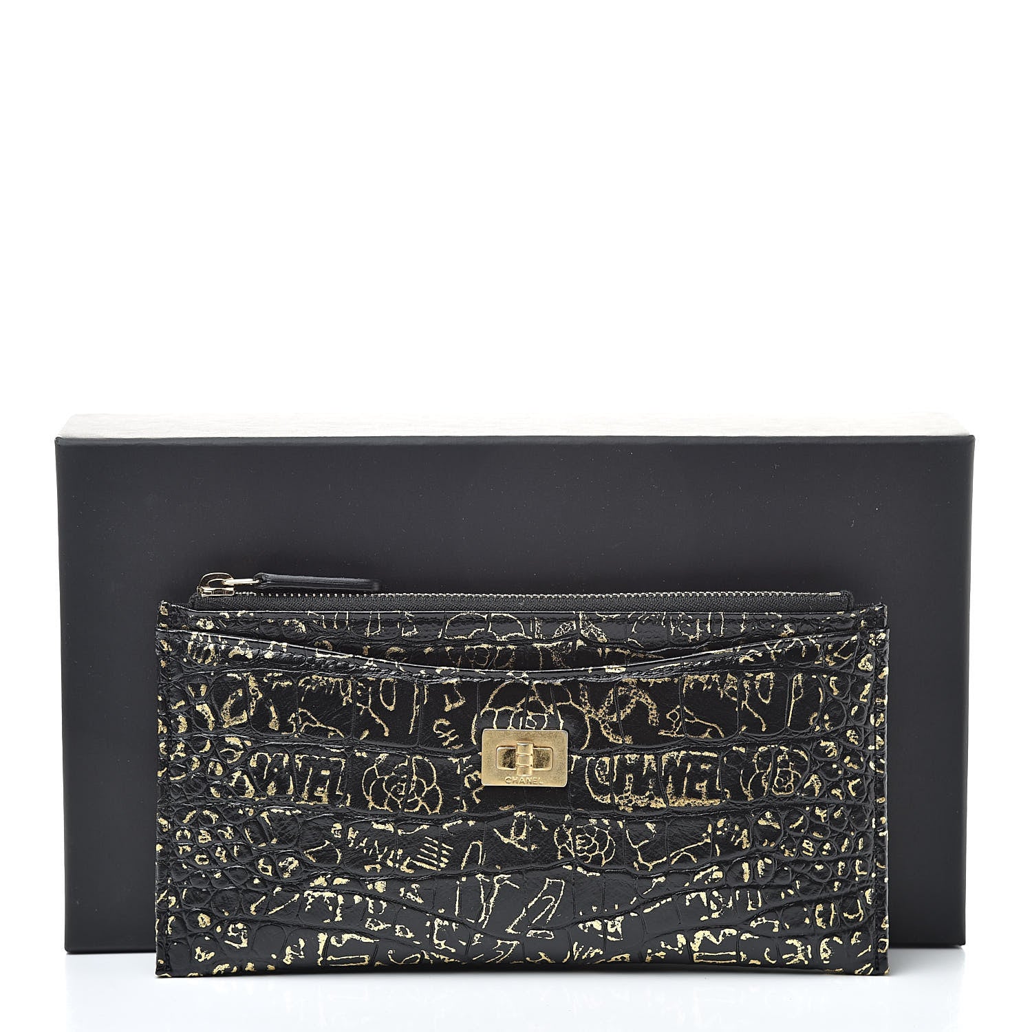 Chanel Calfskin Crocodile Embossed Graffiti 2.55 Cocodile Reissue Zip Pouch Black Gold 8 of 8
