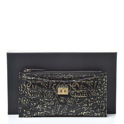 Chanel Calfskin Crocodile Embossed Graffiti 2.55 Cocodile Reissue Zip Pouch Black Gold 8 of 8
