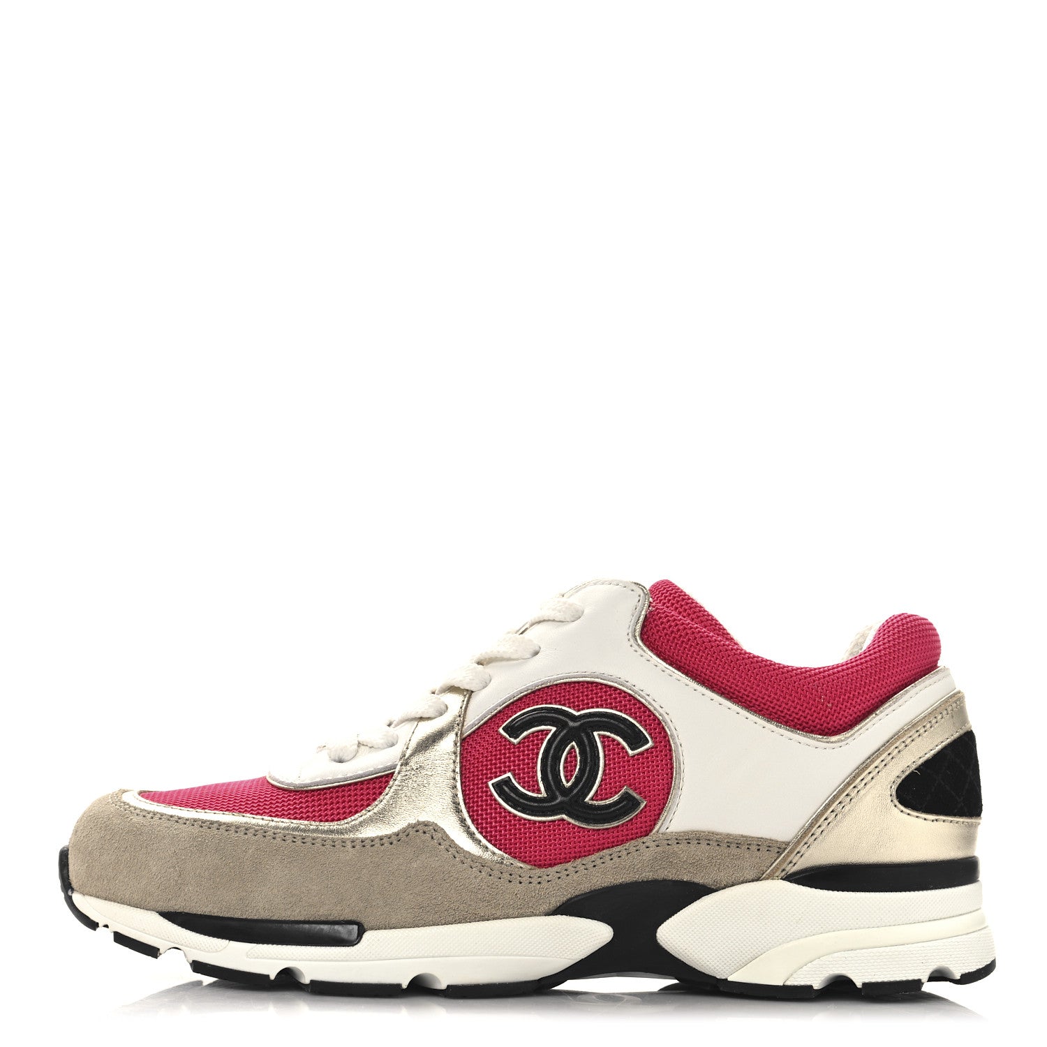 Chanel Mesh Suede Metallic Calfskin Womens CC Sneakers 39 White Pink Beige Gold 1 of 10