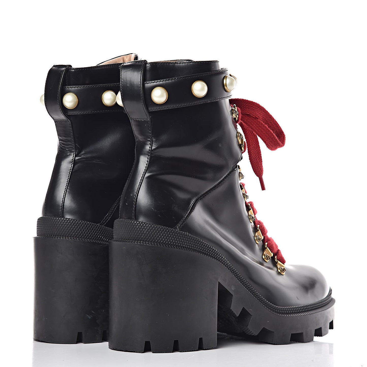 Calfskin Pearl Lace Up Combat Ankle Boots 40 Black