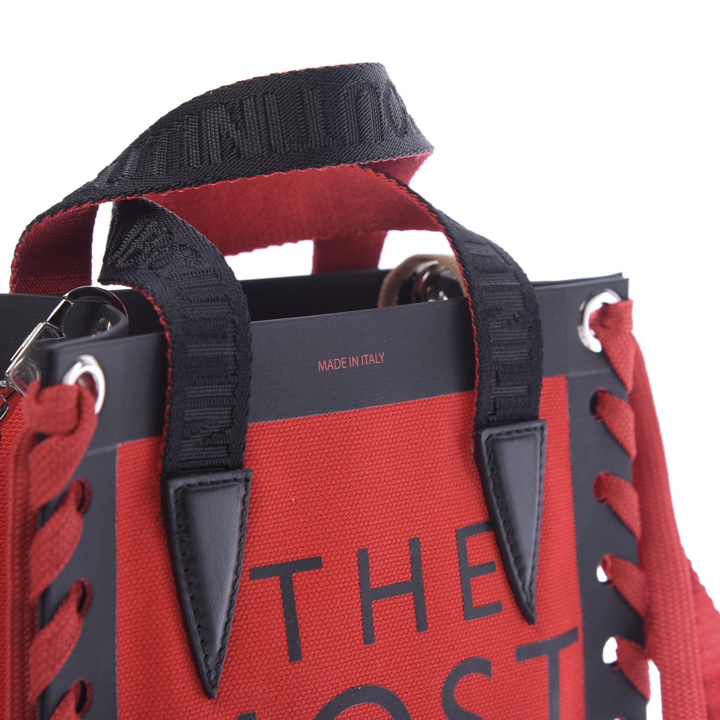 Braided Canvas Mini Cabalace Shopper Tote Red Black