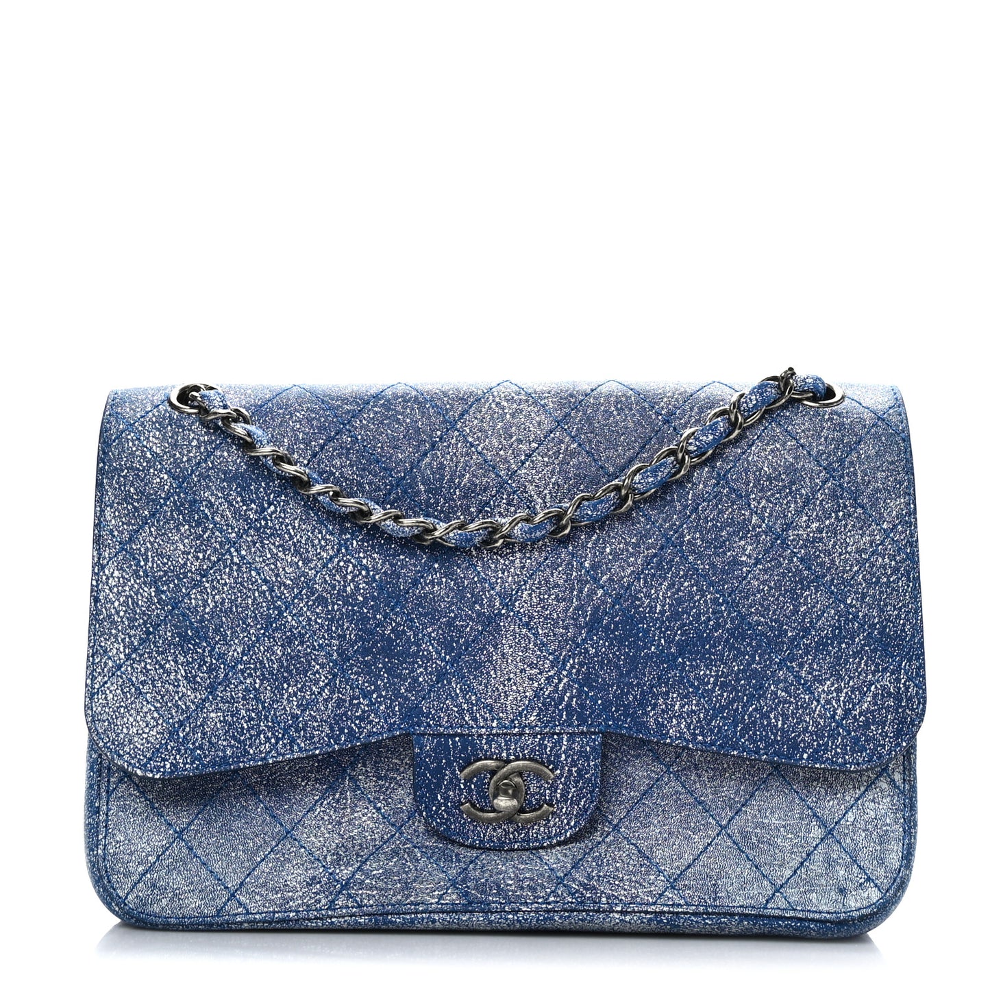 Crackled Calfskin Jumbo Double Flap Blue
