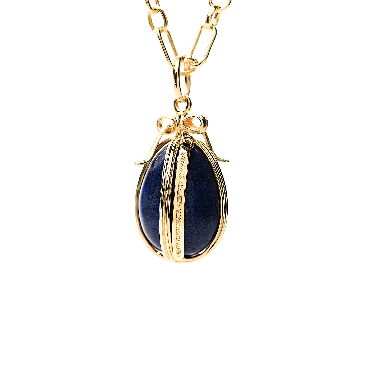 Tiffany 18K Yellow Gold Lapis Schlumberger Egg Charm Pendant Necklace 3 of 6