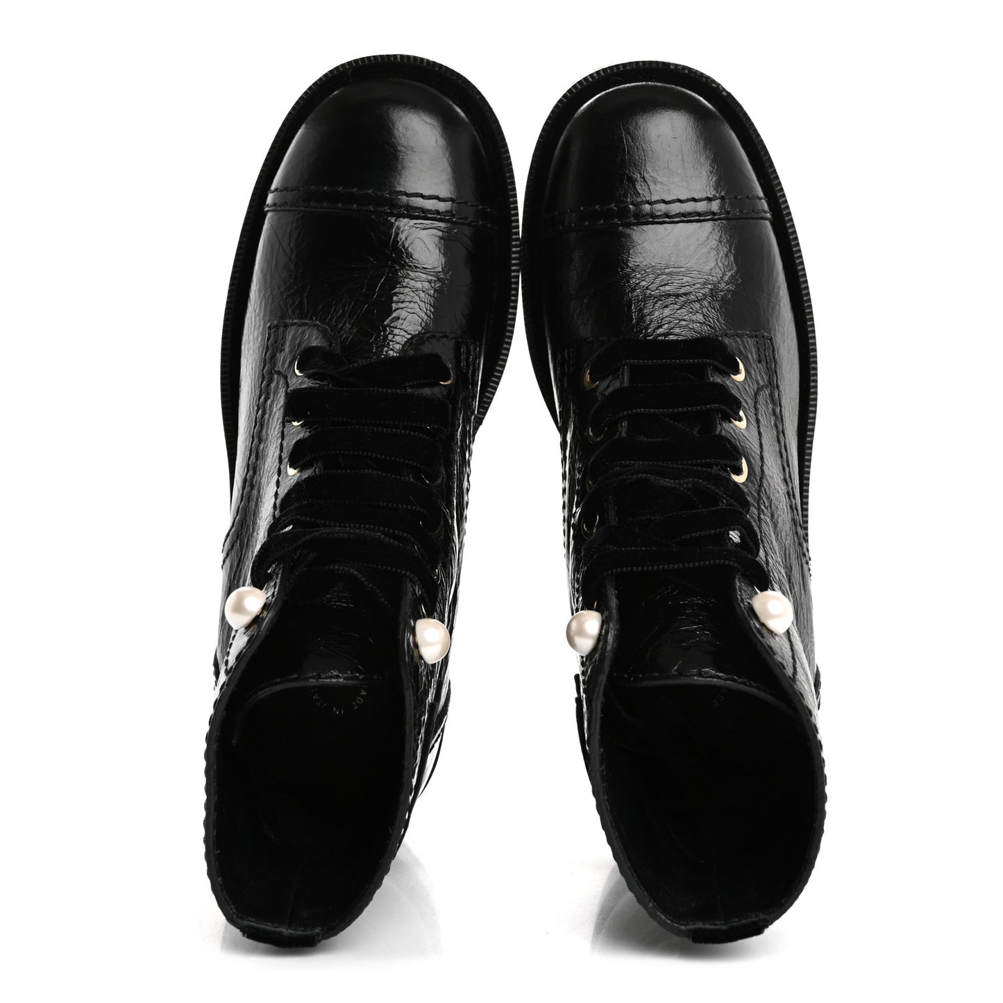 Shiny Calfskin Velvet Pearl Combat Short Boots 37.5 Black
