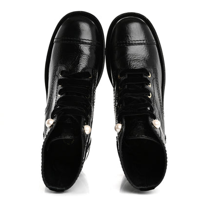 Chanel Shiny Calfskin Velvet Pearl Combat Short Boots 37.5 Black 2 of 13