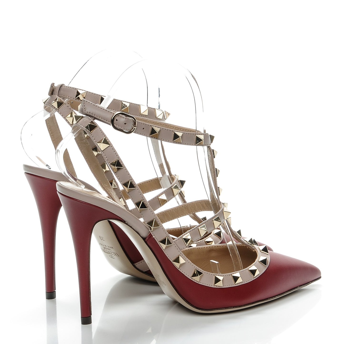 Calfskin Nappa Rockstud Ankle Strap 100mm Pumps 39 Rubino Poudre