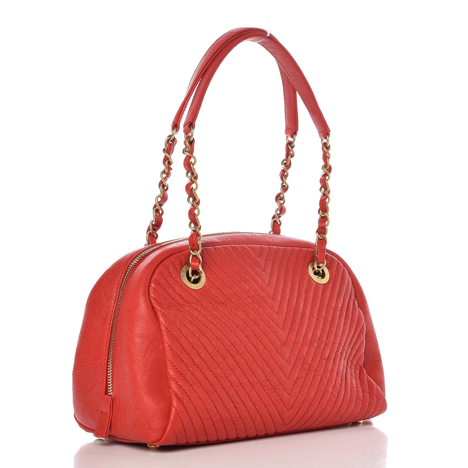 Chanel Wrinkled Lambskin Chevron Quilted Surpique Bowler Red 3 of 6