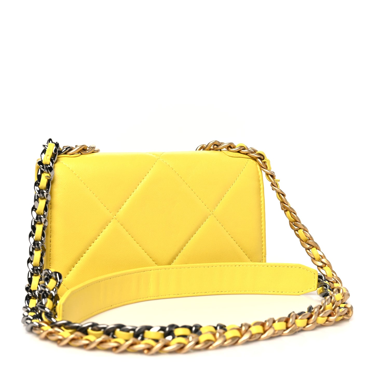 Lambskin Quilted Chanel 19 Flap Phone Holder With Chain Yellow