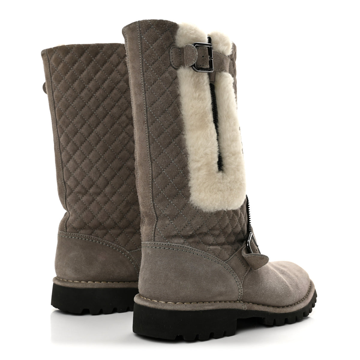Chanel Shearling Suede Calfskin Quilted High Biker Boots 40 Grey 5 of 8