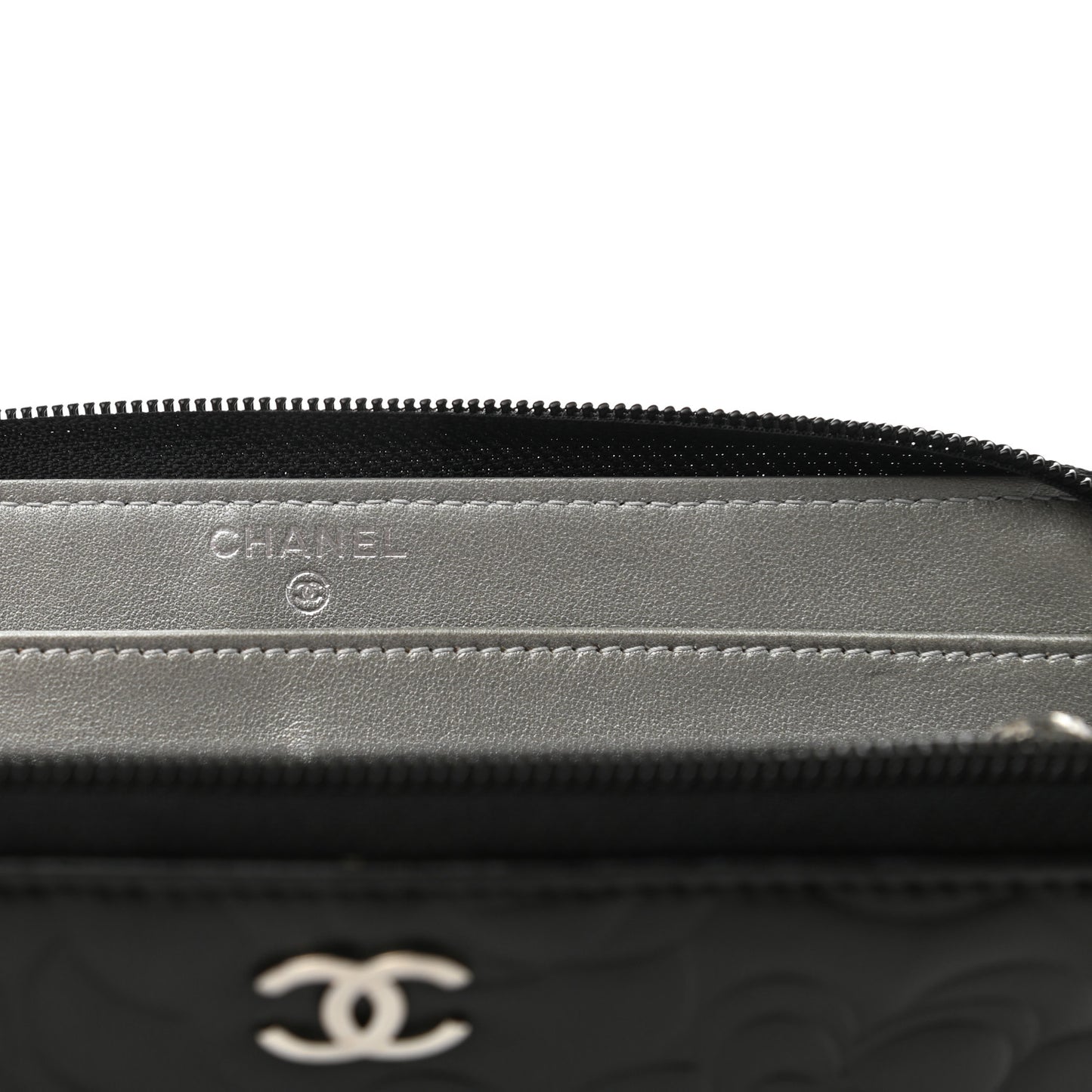 Lambskin Camellia Embossed Large Zip Around Gusset Wallet Black
