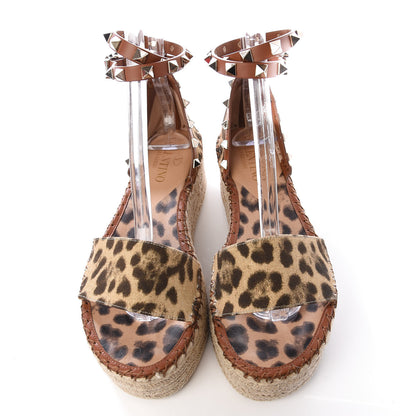 Valentino Garavani Canvas Leopard Print Rockstud Ankle Wrap Espadrille Flatform Sandals 36 Brown 5 of 11