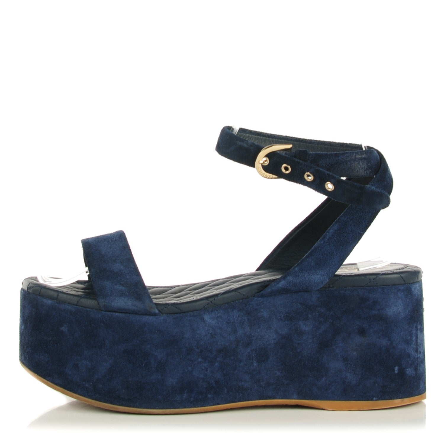 Chanel Suede Calfskin Platform Wedge Sandals 37 Blue 1 of 6