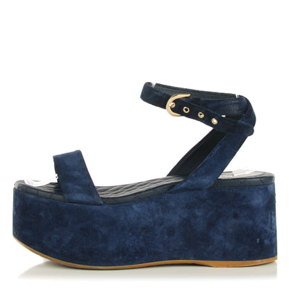 Chanel Suede Calfskin Platform Wedge Sandals 37 Blue 1 of 6