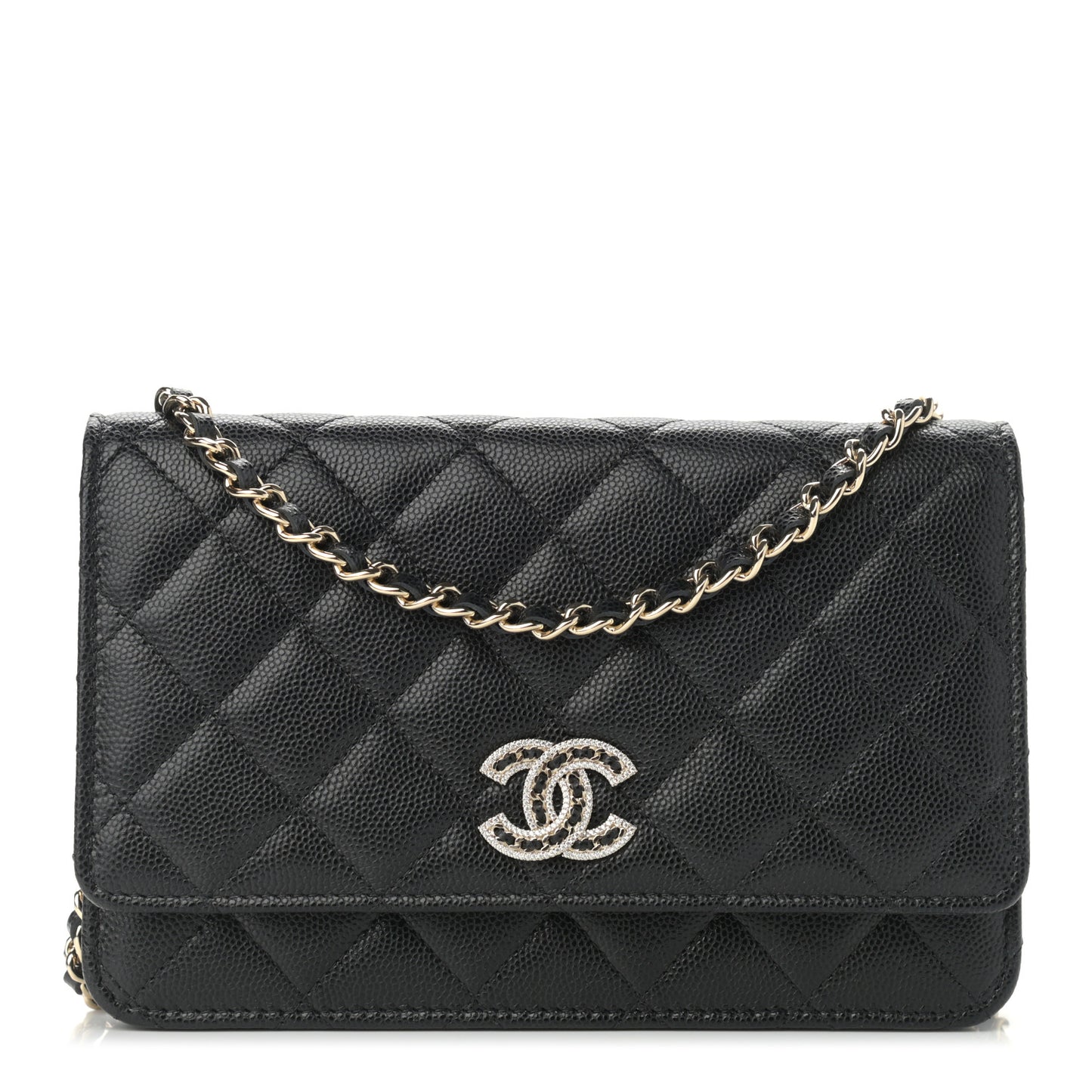 Caviar Quilted Crystal CC Wallet On Chain WOC Black