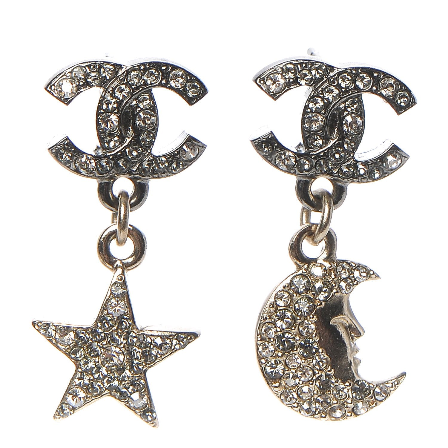 Chanel Ruthenium Crystal CC Star Moon Earrings Grey Gold 1 of 5