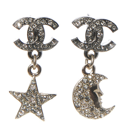 Chanel Ruthenium Crystal CC Star Moon Earrings Grey Gold 1 of 5