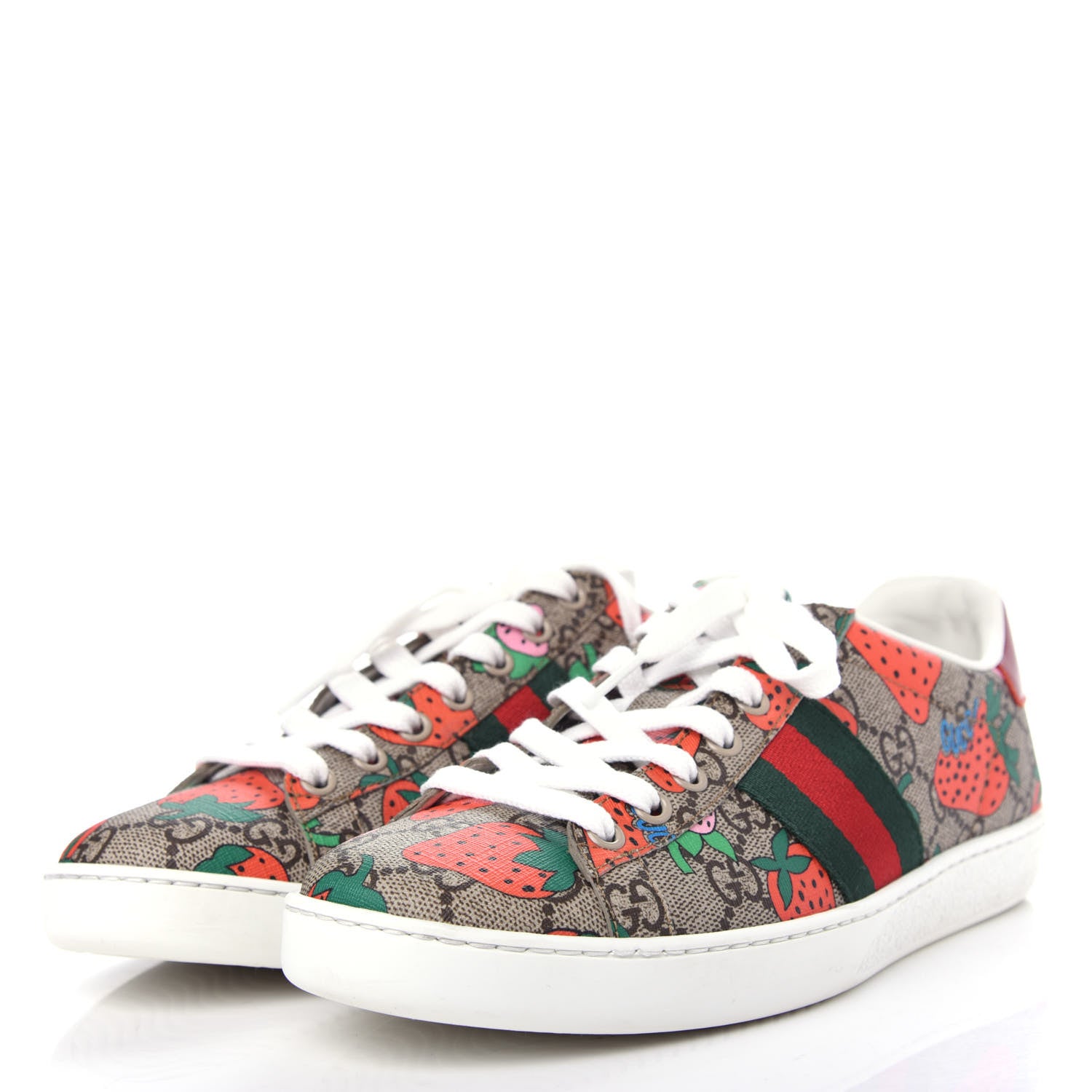 Gucci GG Supreme Monogram Strawberry Web Womens Ace Sneakers 38 Beige Multicolor Red Green 3 of 11