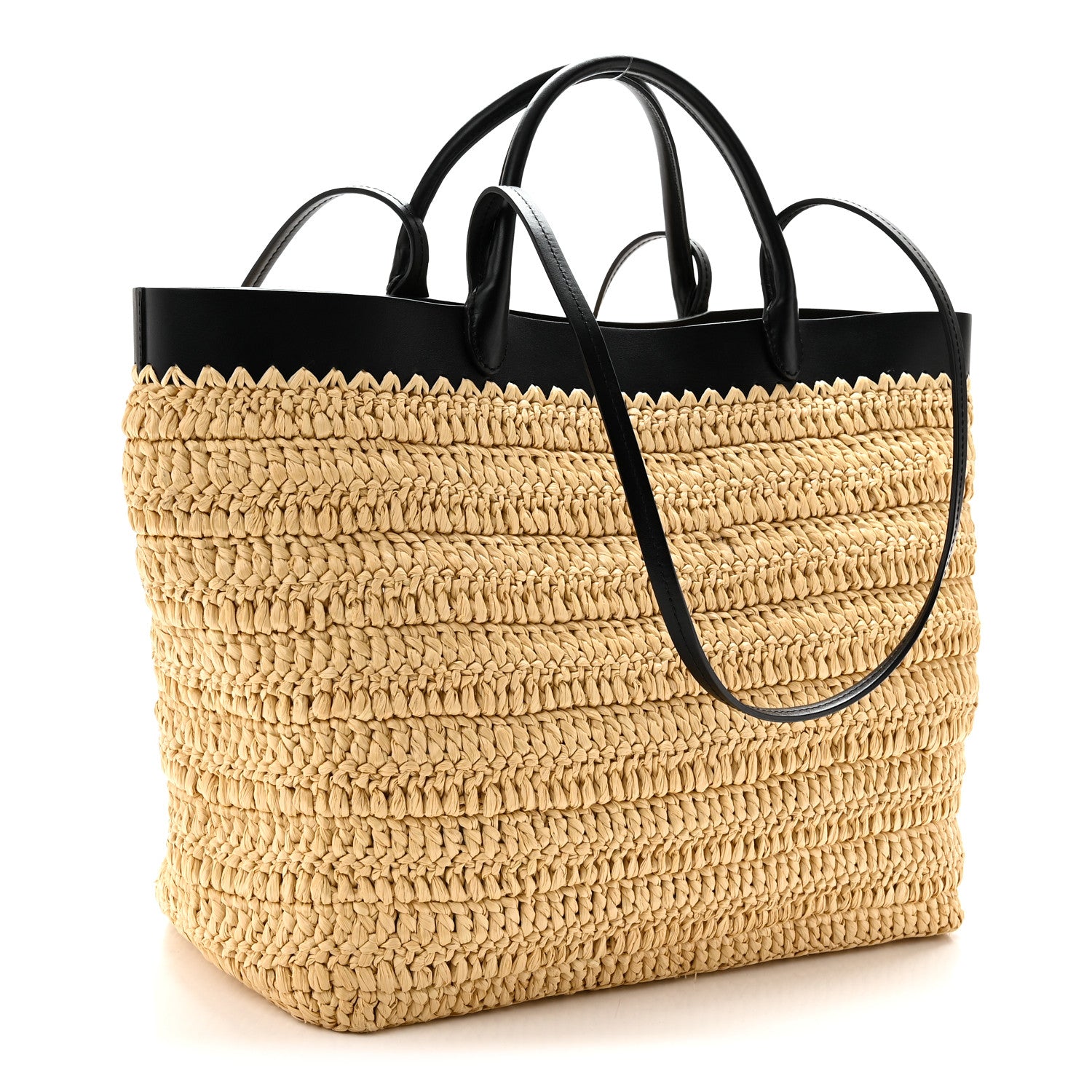 Prada Yarn Raffia Effect Calfskin Crochet Embroidered Logo Tote Tan Black 3 of 9