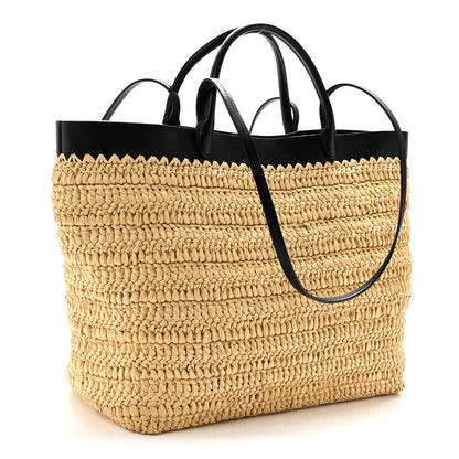 Prada Yarn Raffia Effect Calfskin Crochet Embroidered Logo Tote Tan Black 3 of 9