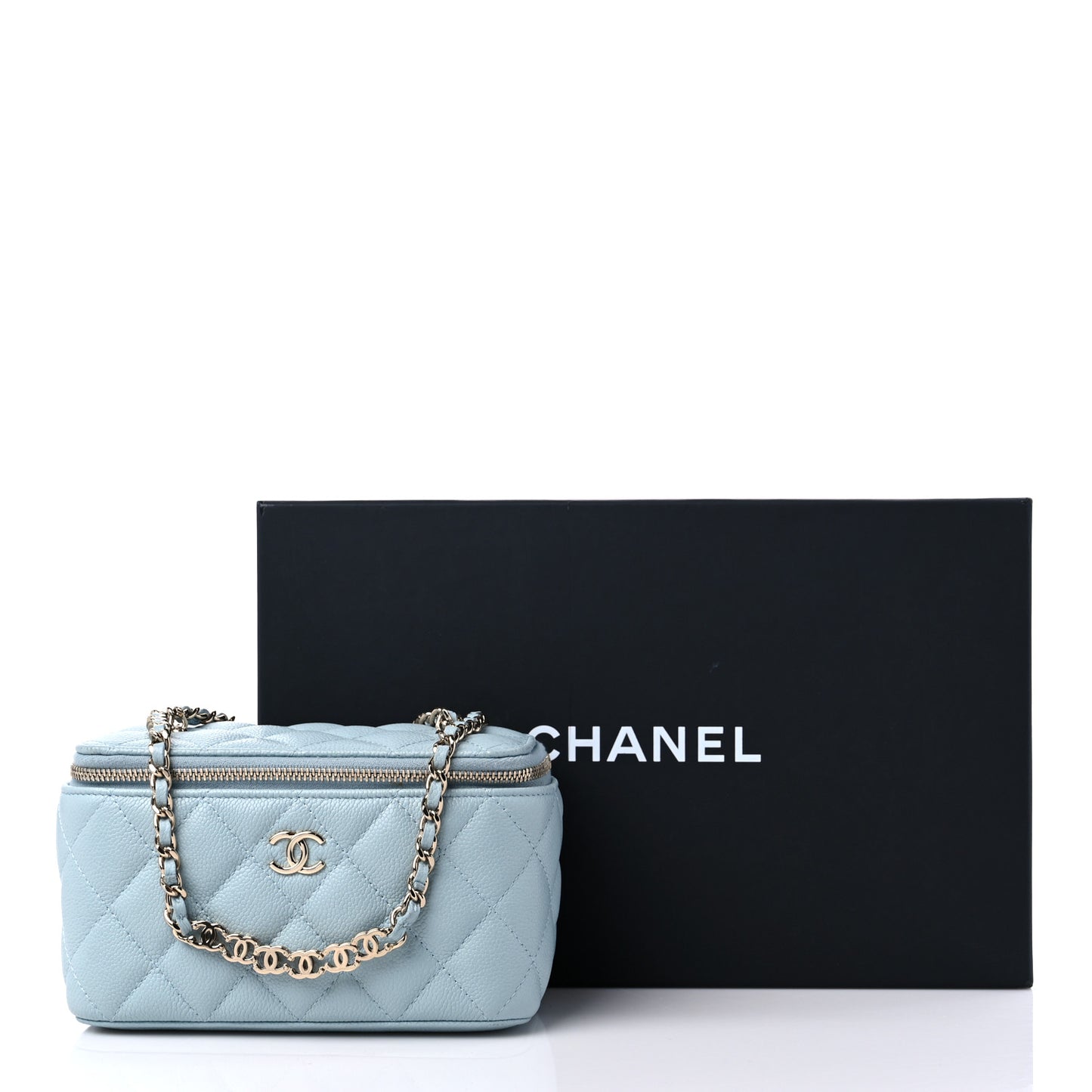 Caviar Quilted Small Tiny CC Vanity Case With Chain Light Blue