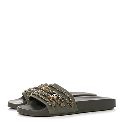Chanel Canvas Chain Flat Sandals 39 Khaki 3 of 10