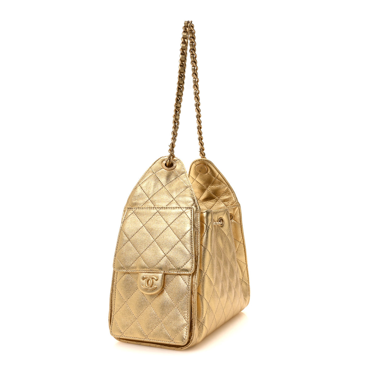 Metallic Caviar Quilted Small Chanel 25 Handbag Gold