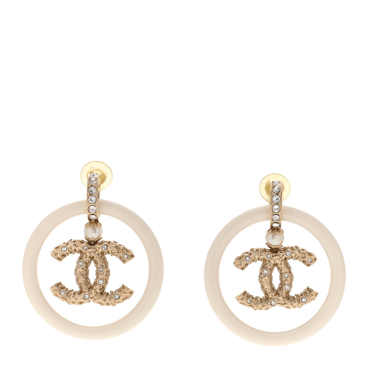 Resin Crystal Pearl CC Drop Earrings White Gold